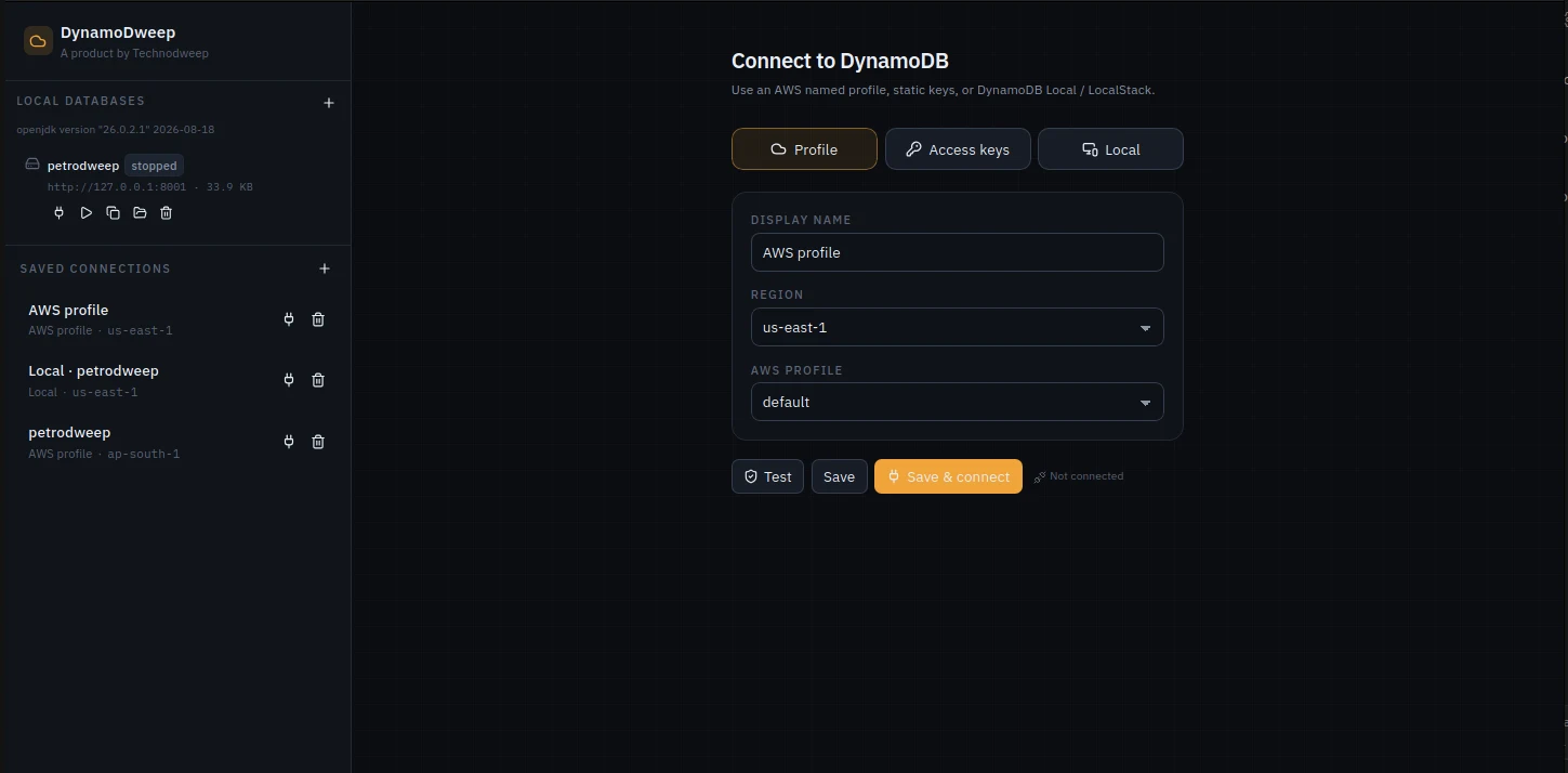 DynamoDweep connection screen with AWS profile, access-key, and local connection options.